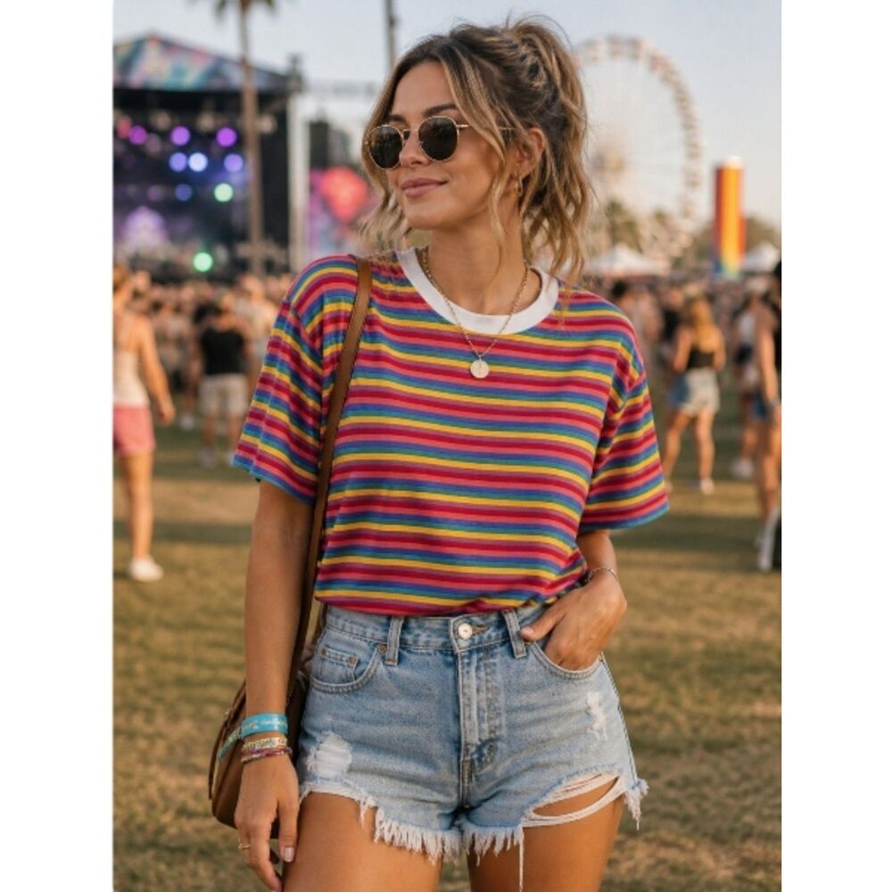 Dazy Rainbow T-Shirt Medium Crew Neck Slouchy Oversized Festival Rave